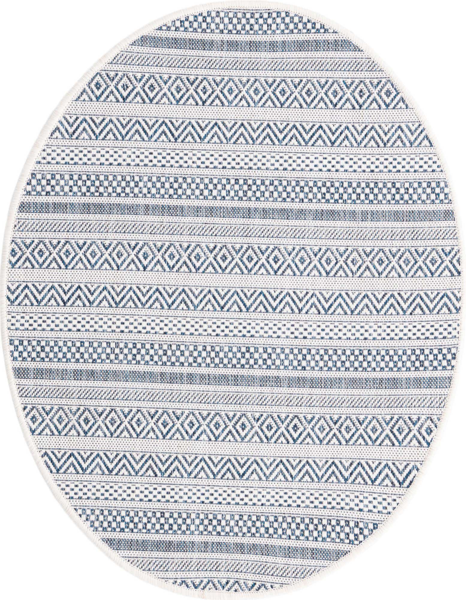A 3' round indoor/outdoor rug with a tribal pattern in various shades of blue and white, featuring geometric stripes.