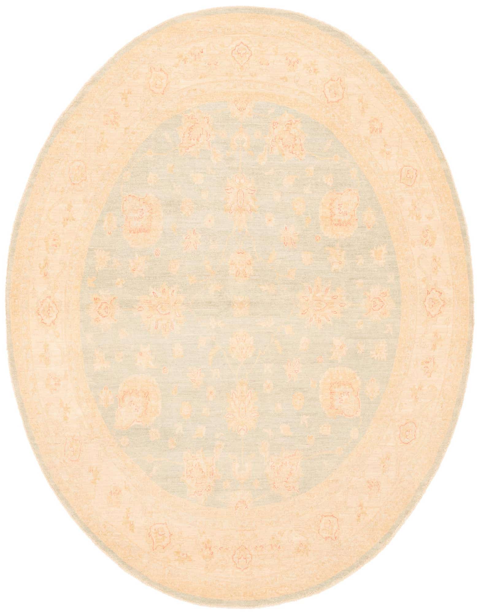 A round 9' 5 x 9' 8 Peshawar Ziegler rug featuring a light blue field with delicate botanical patterns and a wide cream border with floral motifs.