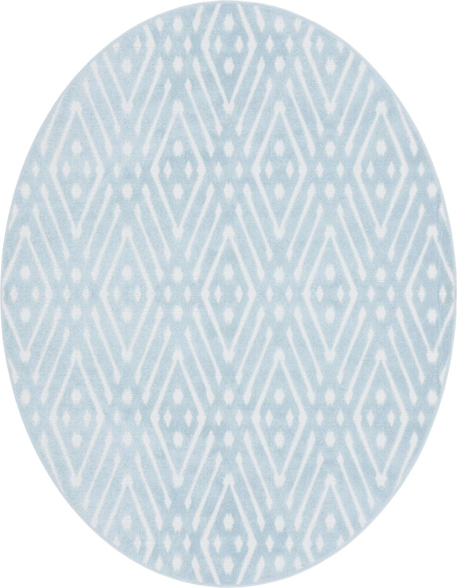 A light blue round rug with a modern white trellis pattern, suitable for indoor or outdoor spaces.