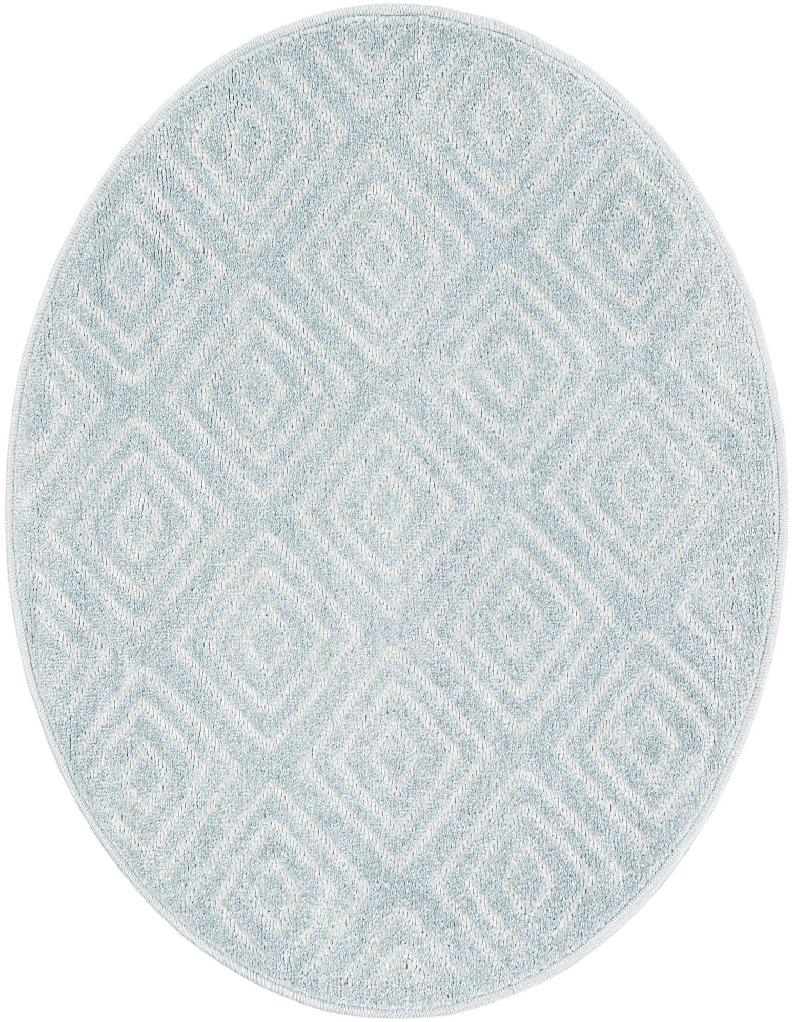 A light blue round rug with a modern geometric diamond pattern, suitable for indoor or outdoor use.