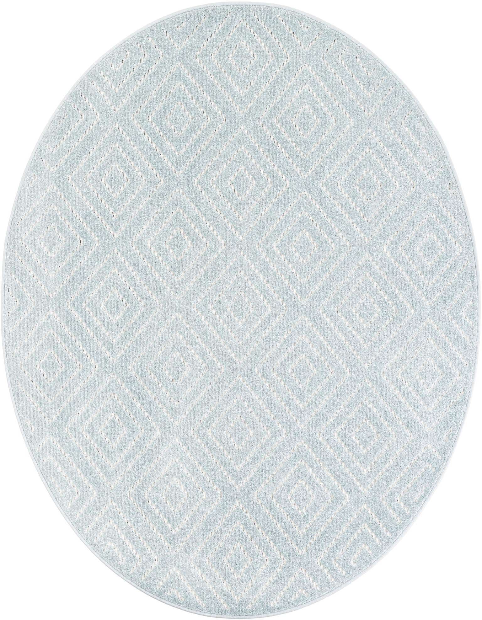 A 5' 0 x 5' 0 round light blue modern rug with a white geometric diamond pattern, suitable for indoor or outdoor use.