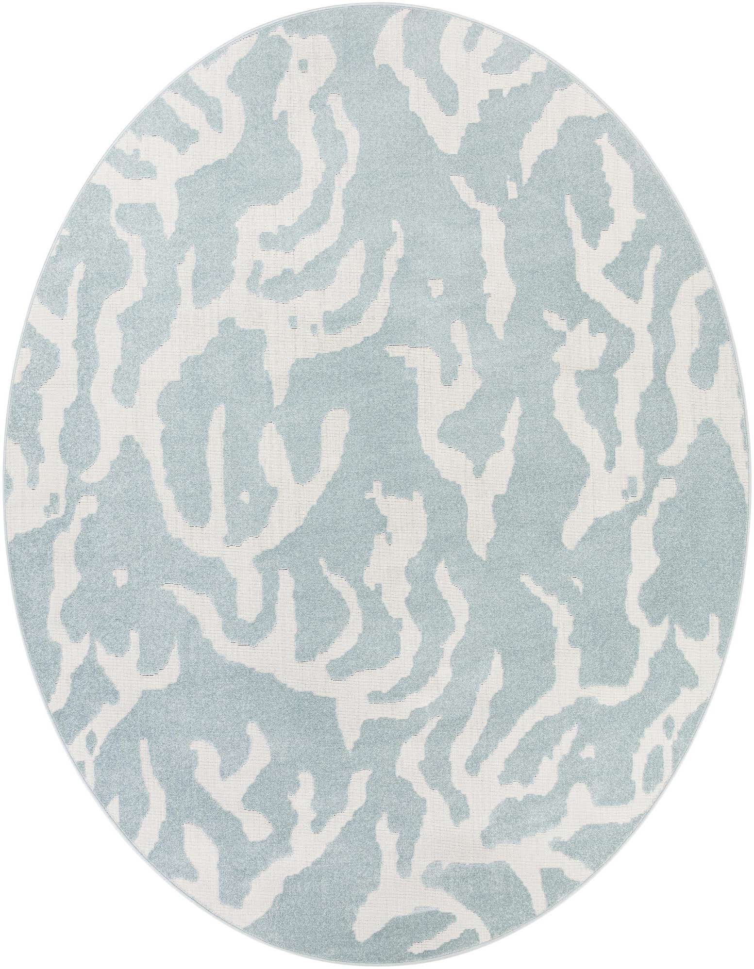 A 10-foot round indoor/outdoor rug featuring a modern abstract pattern in light blue and white, suitable for a patio.