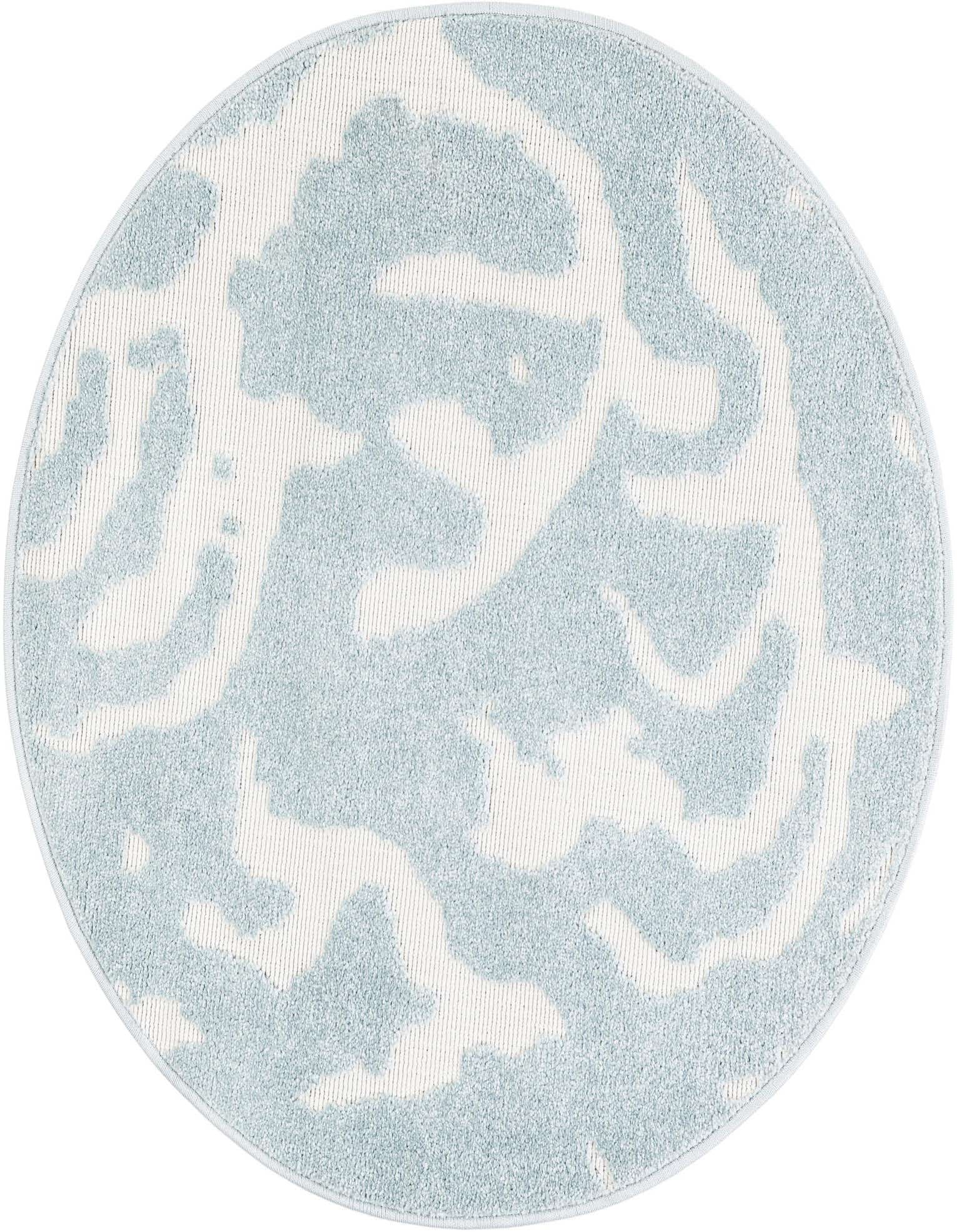 A light blue and white round rug with a modern abstract pattern, suitable for indoor or outdoor use.