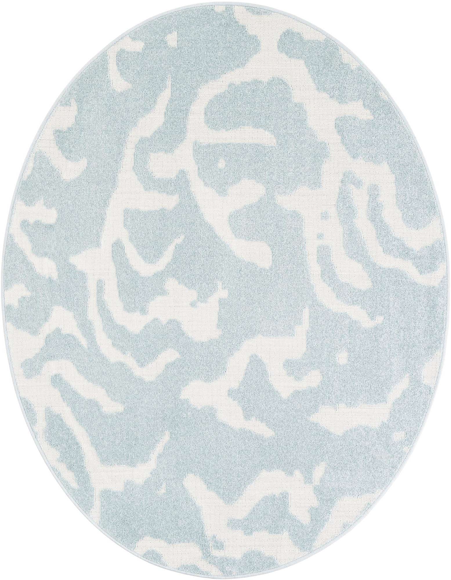 A 5' round light blue and white modern abstract rug, suitable for indoor or outdoor use.