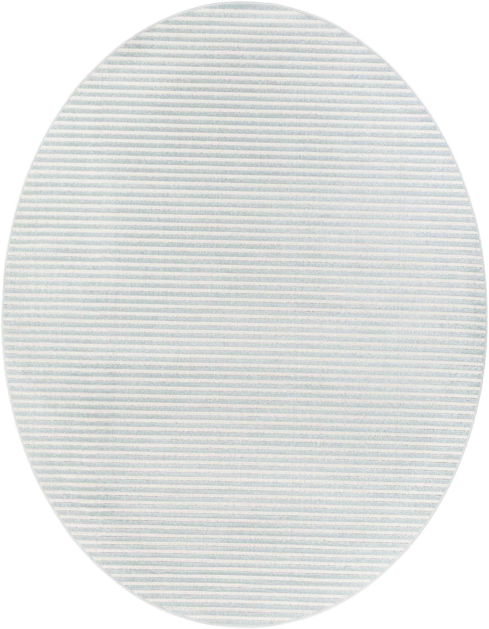 A 10-foot round Sabrina Soto Outdoor rug featuring light blue and white horizontal stripes, ideal for a patio.