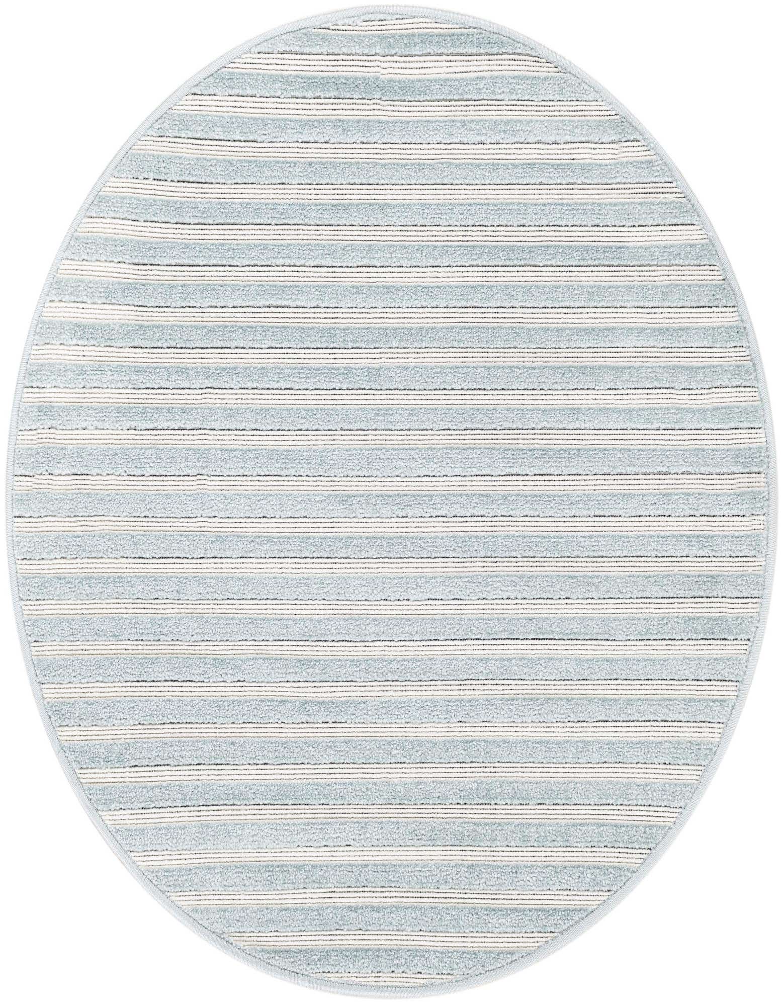 A 3' round light blue and white striped outdoor rug with a modern design, suitable for patios.