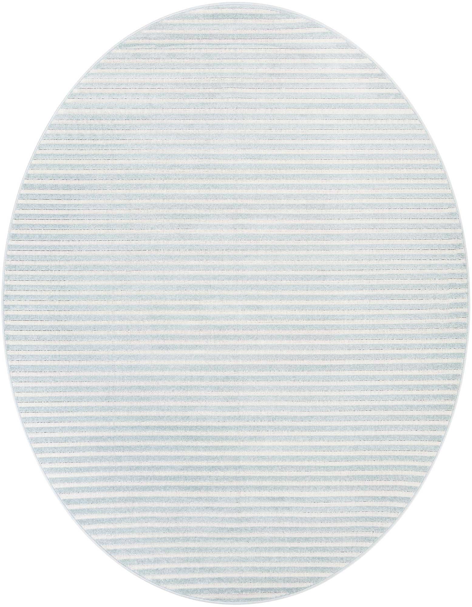 A 7' 10 round Sabrina Soto Outdoor rug featuring light blue and white horizontal stripes, suitable for a patio.