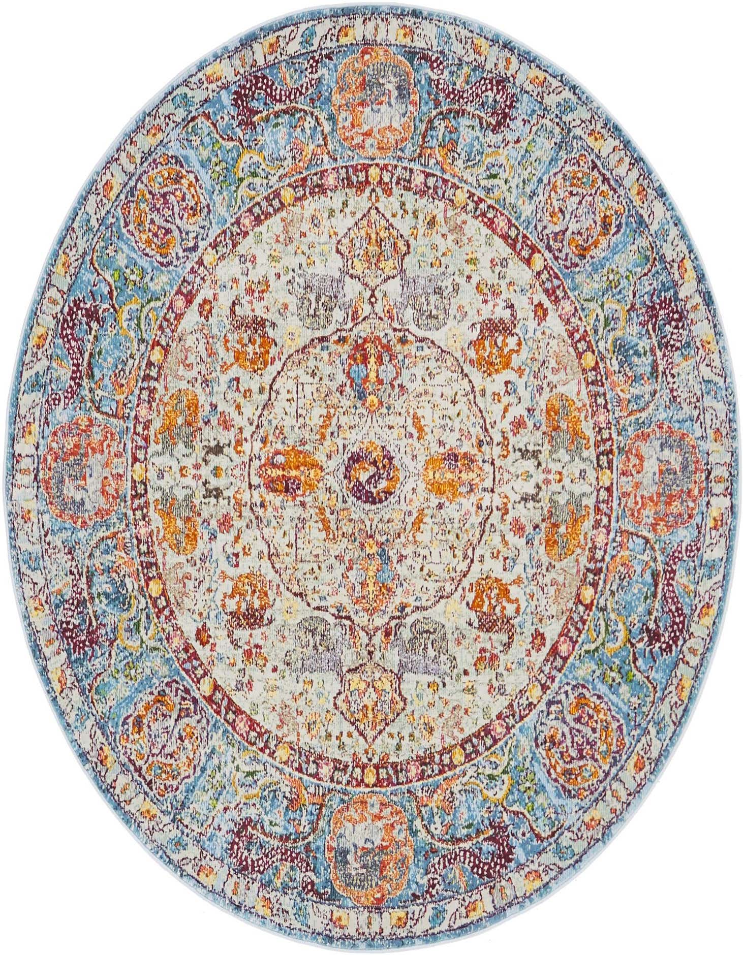 A 5' 5 round Santiago rug featuring a distressed medallion pattern in light blue, orange, and red tones.