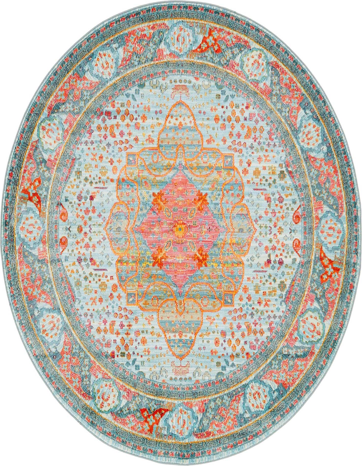 A 5' 5 round Santiago rug featuring a light blue field with a vibrant coral and teal medallion, framed by a detailed border.