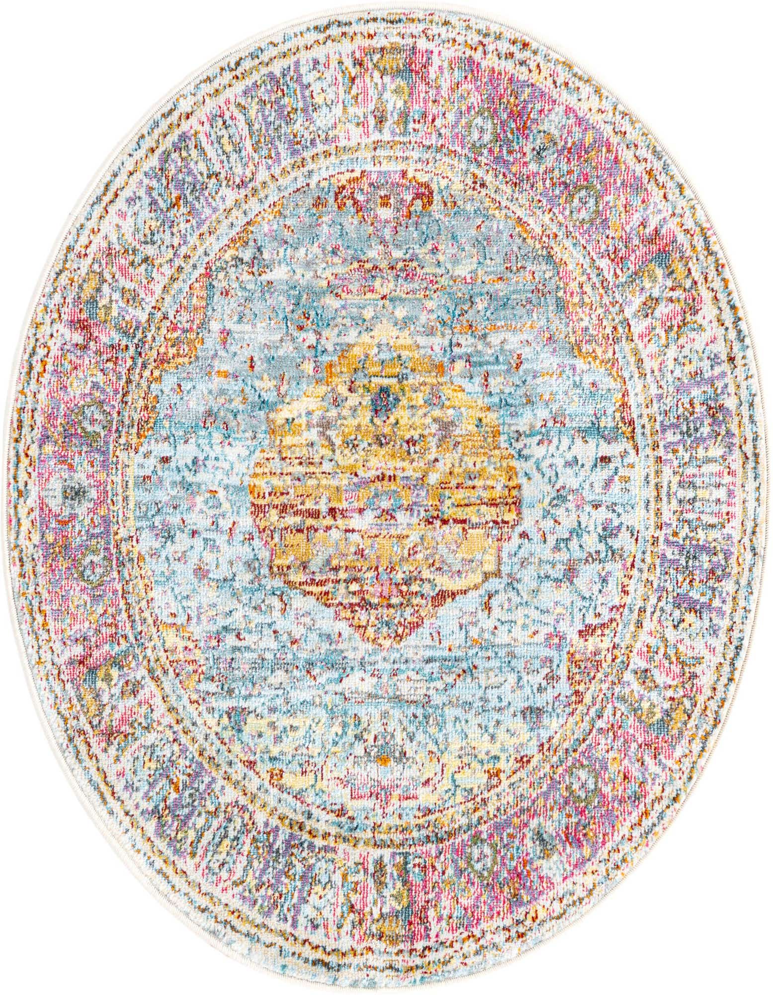 A 3' 3 x 3' 3 round light blue Bohemian medallion rug with distressed pink, purple, and gold accents.