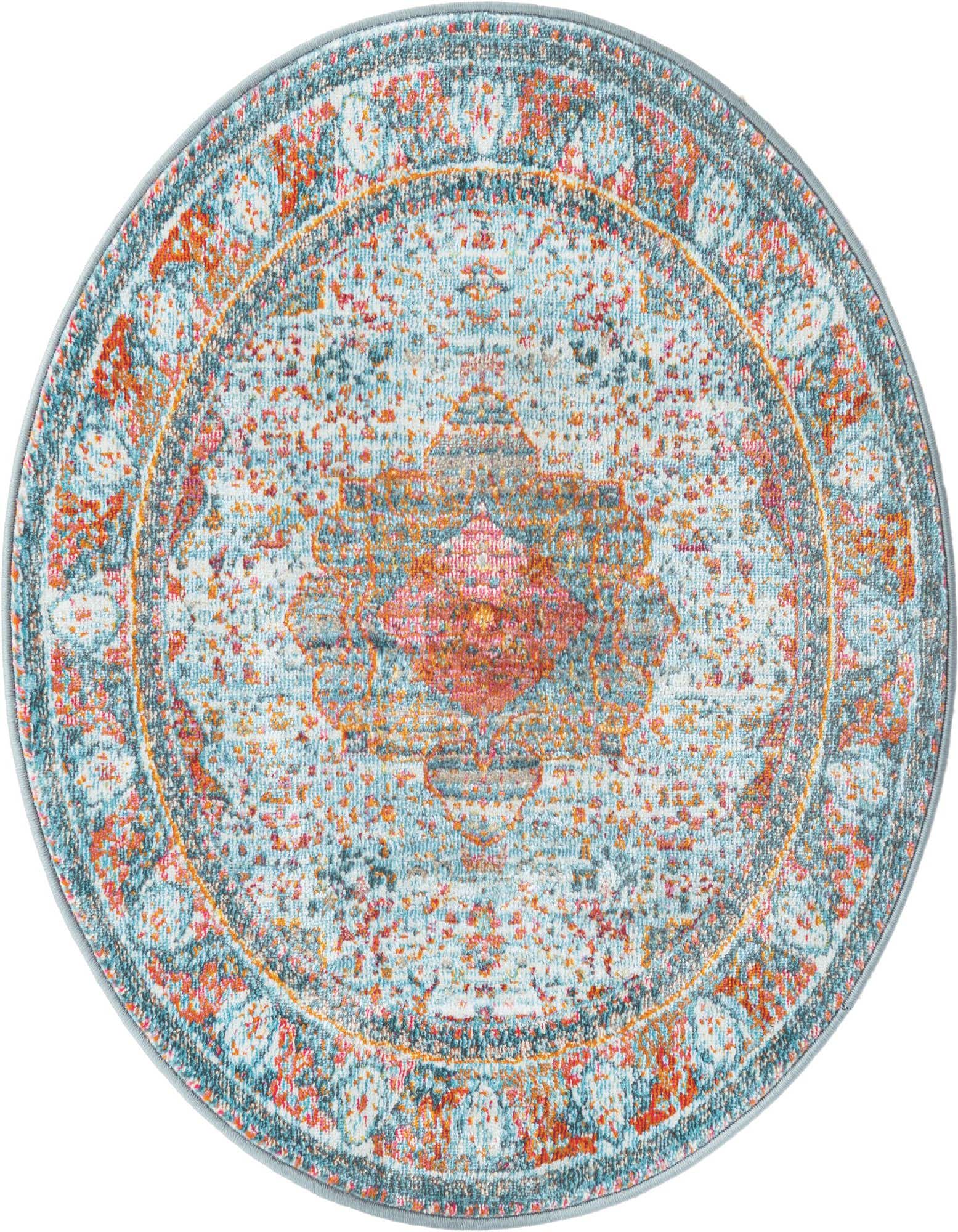 A 3' 3 x 3' 3 round light blue rug with a distressed traditional medallion pattern in blues, oranges, and reds.