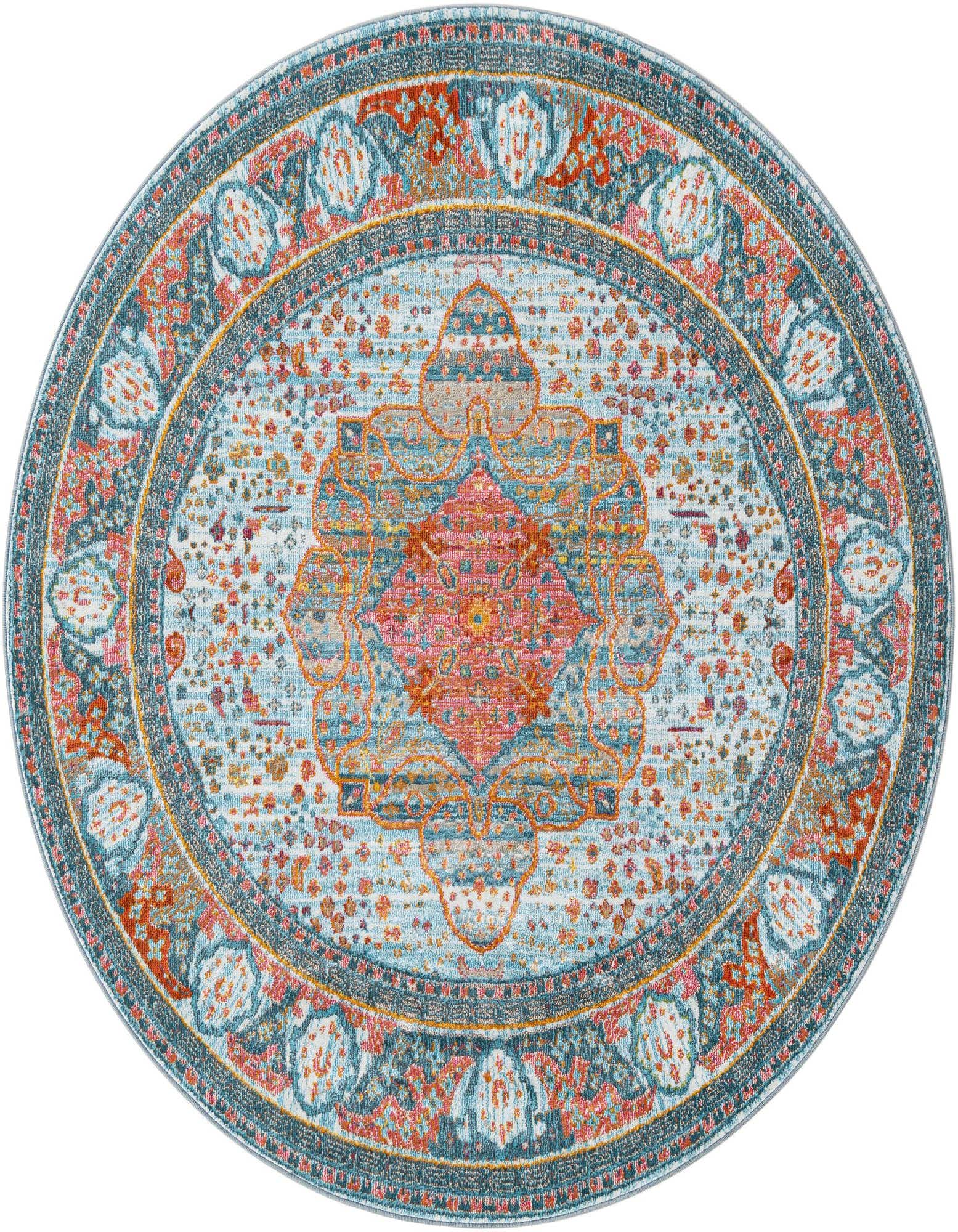 A 6' round light blue rug with a traditional oriental medallion pattern in shades of blue, red, and orange.