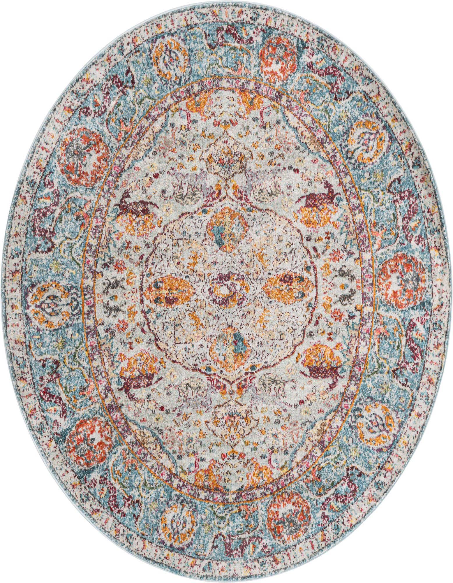 A 6' round light blue area rug with a distressed traditional medallion pattern in orange, red, and teal.
