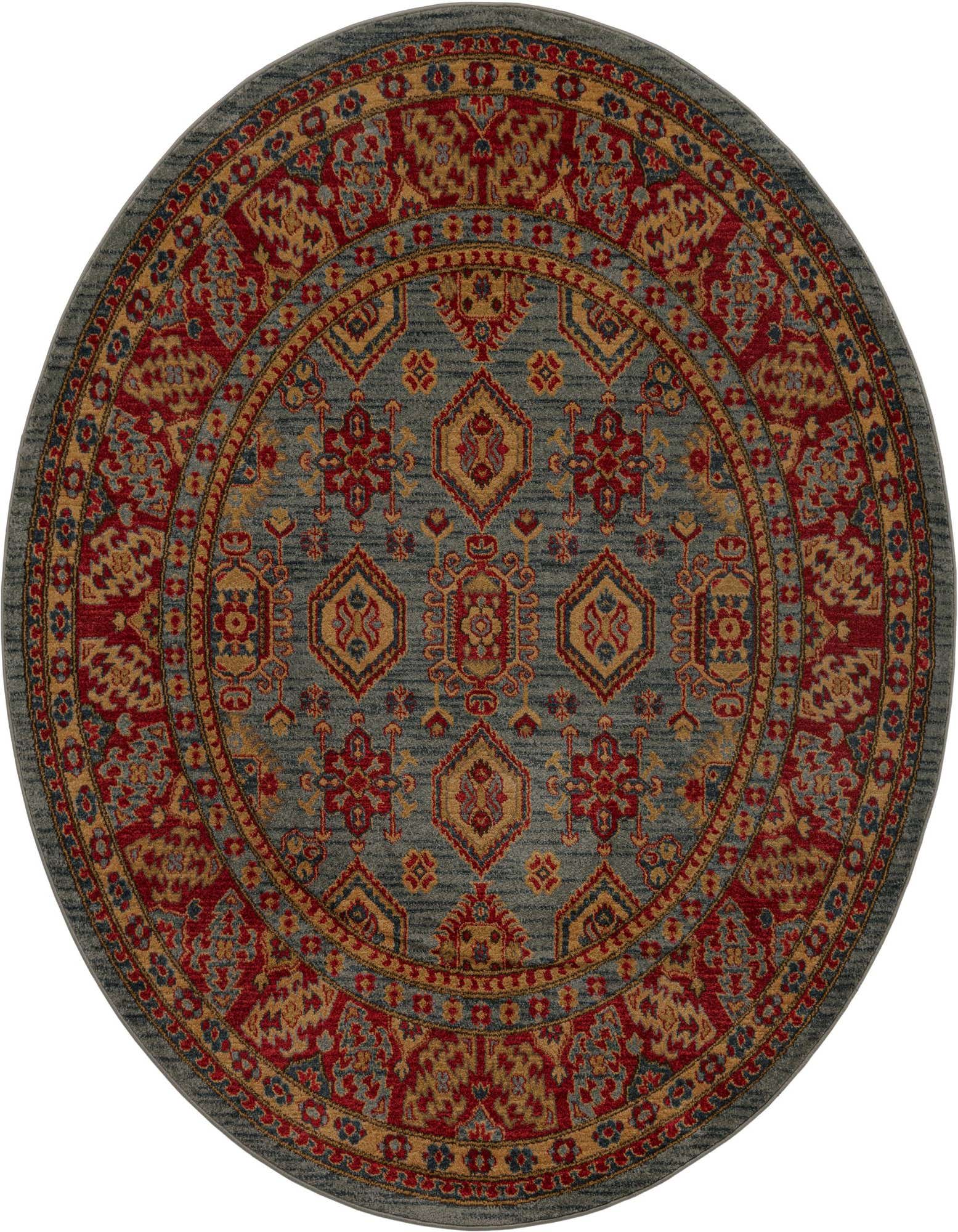 A 6' 0 x 6' 0 round light blue rug with a traditional Bohemian floral pattern in red, gold, and blue accents.