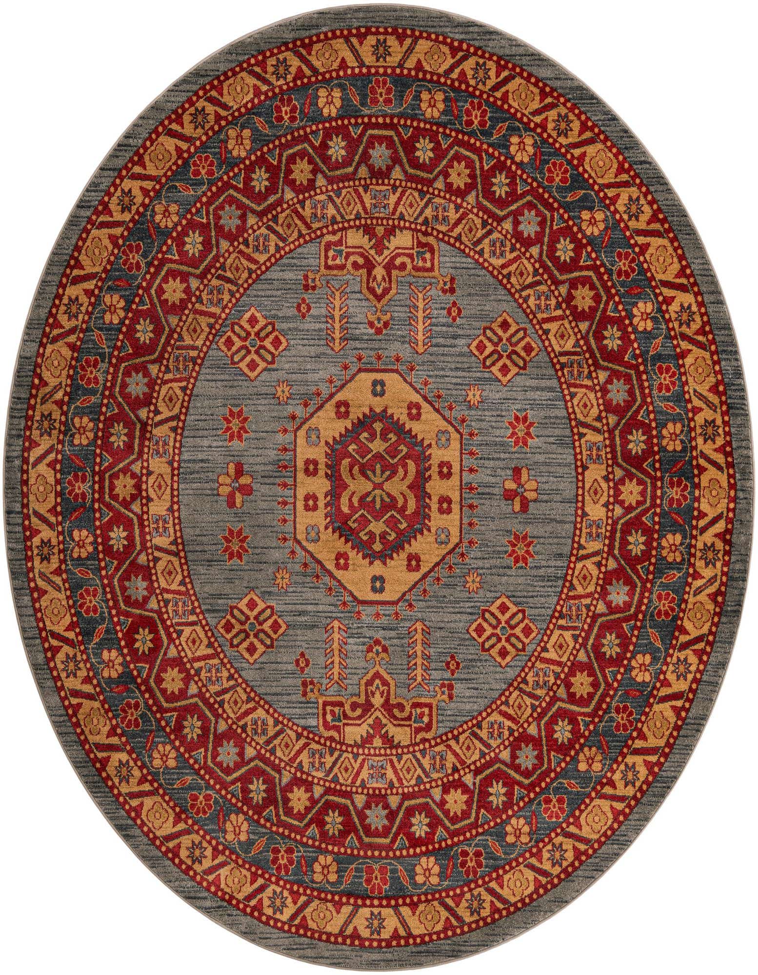 A round 8' light blue rug with a traditional tribal medallion pattern in red, gold, and dark blue accents.