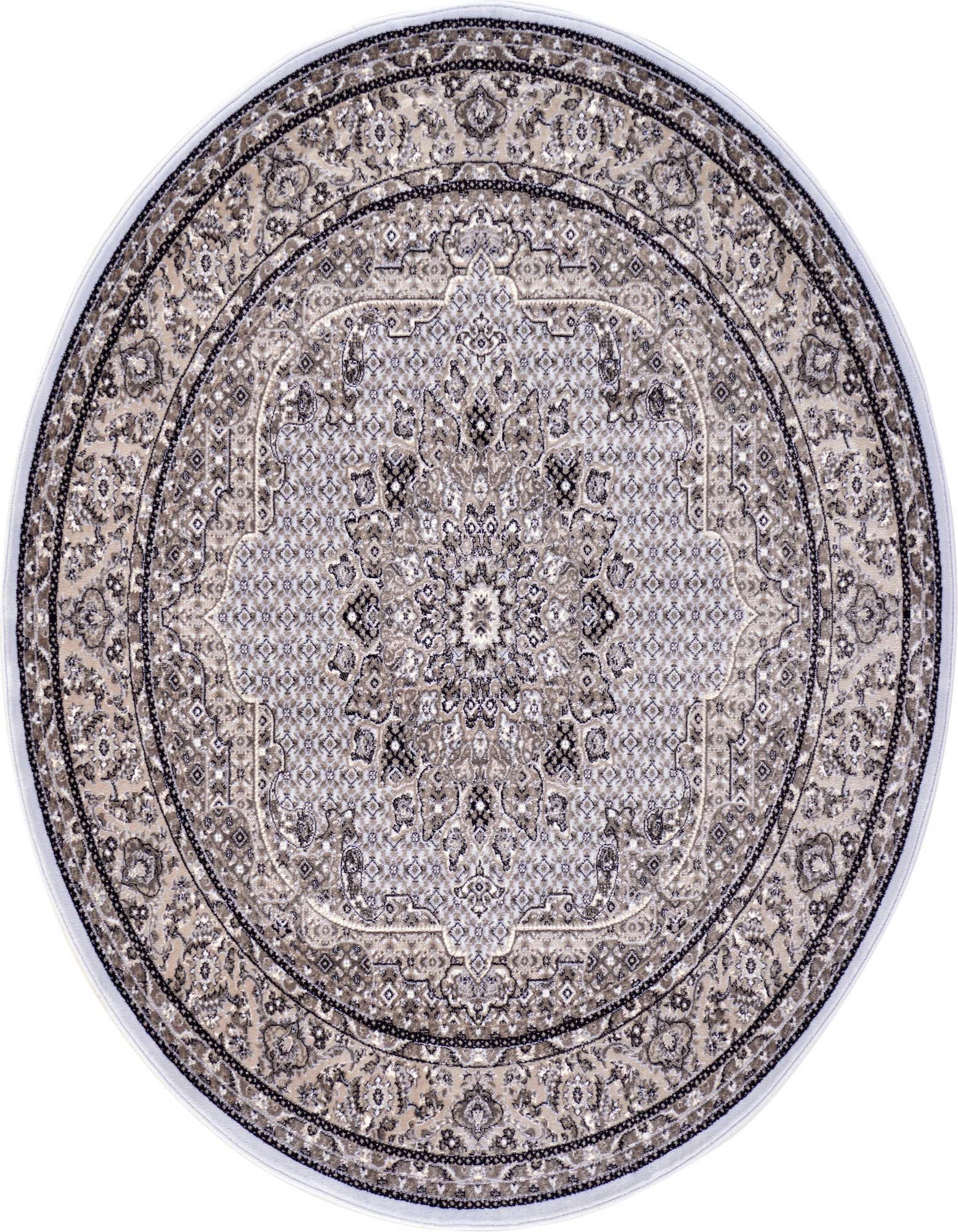 A 6' 0 x 6' 0 round Shahmir rug featuring a traditional botanical medallion pattern in shades of light blue, beige, and black.