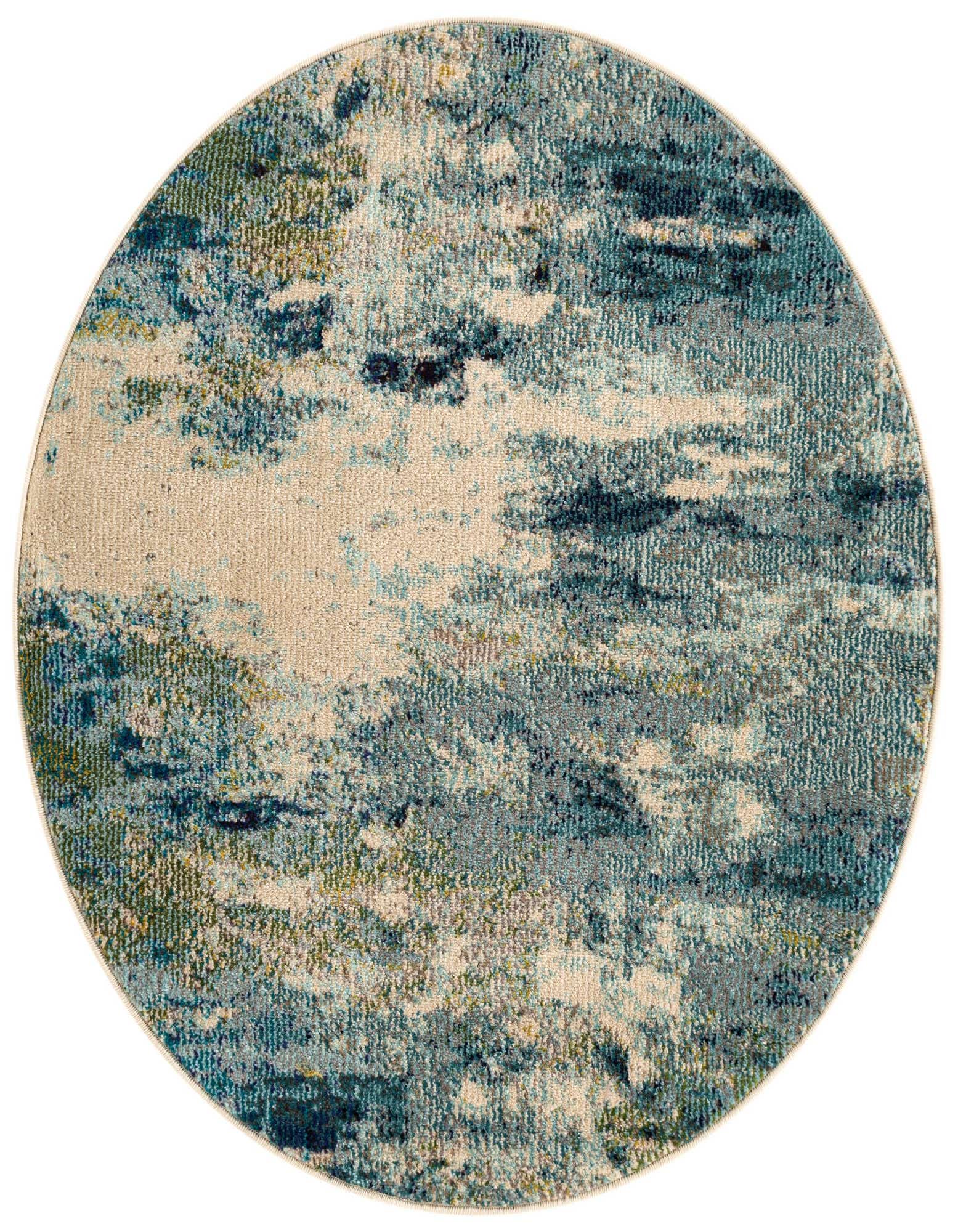 A round 3' 3 x 3' 3 Theia rug with an abstract pattern in varying shades of blue and cream.