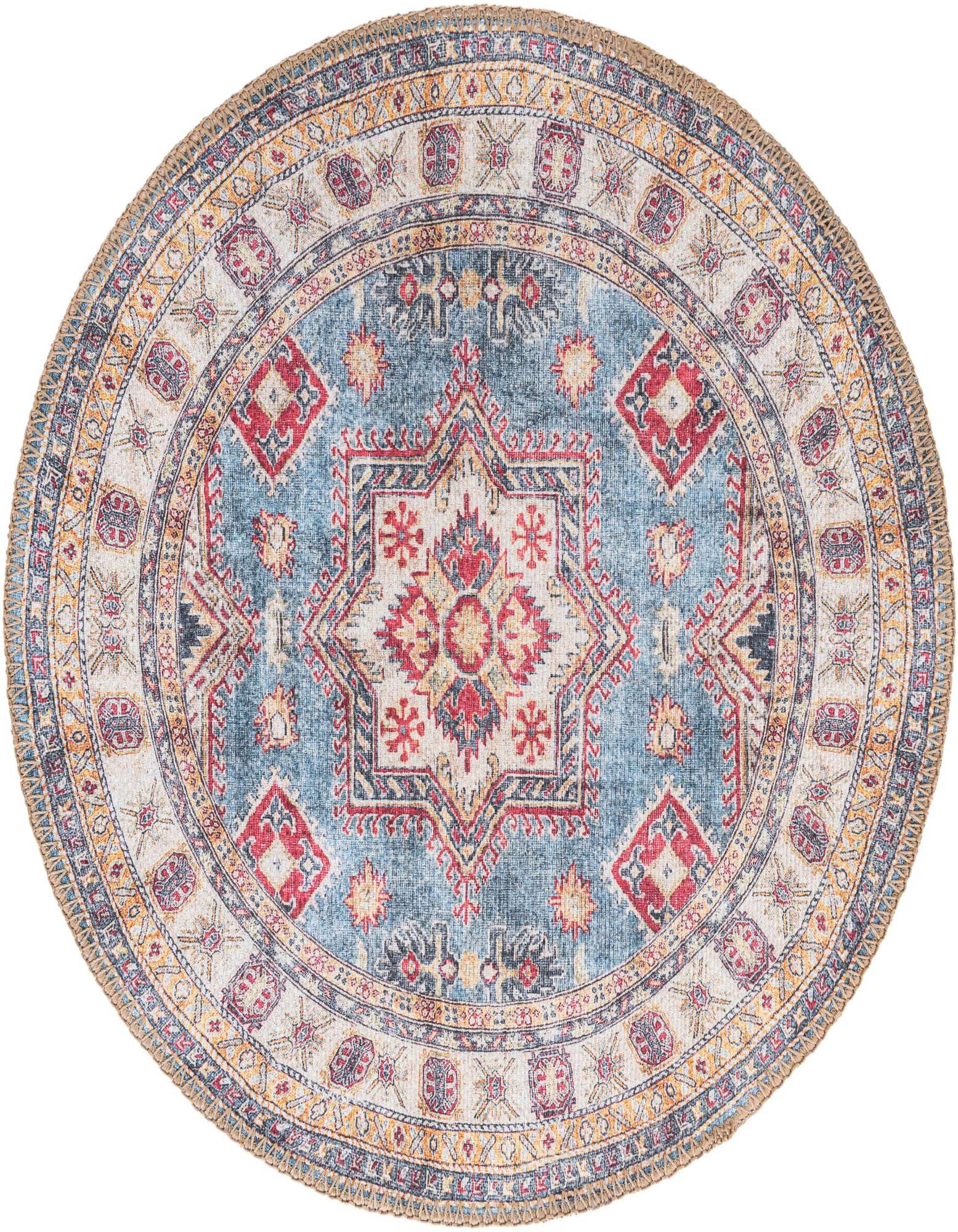 A 2' round light blue rug with a vibrant red and yellow medallion pattern, featuring a textured flatweave.