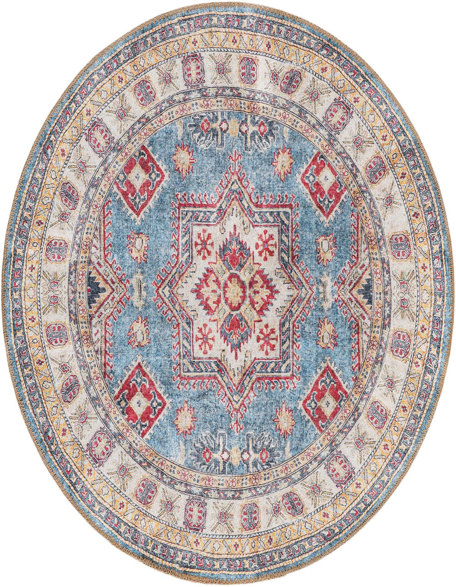 A 3' 6 round flatweave rug with a central starburst medallion in red, cream, and blue, surrounded by intricate patterns and borders on a light blue background.