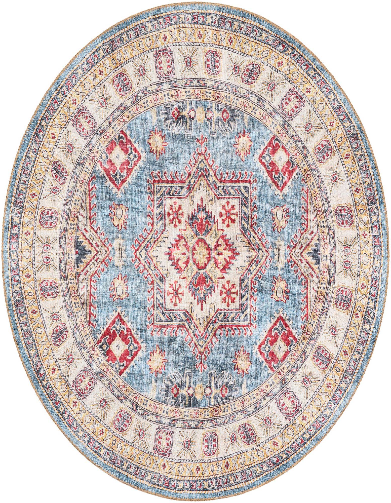 A 5' 1 round light blue oriental rug with a distressed medallion pattern in red, yellow, and cream.