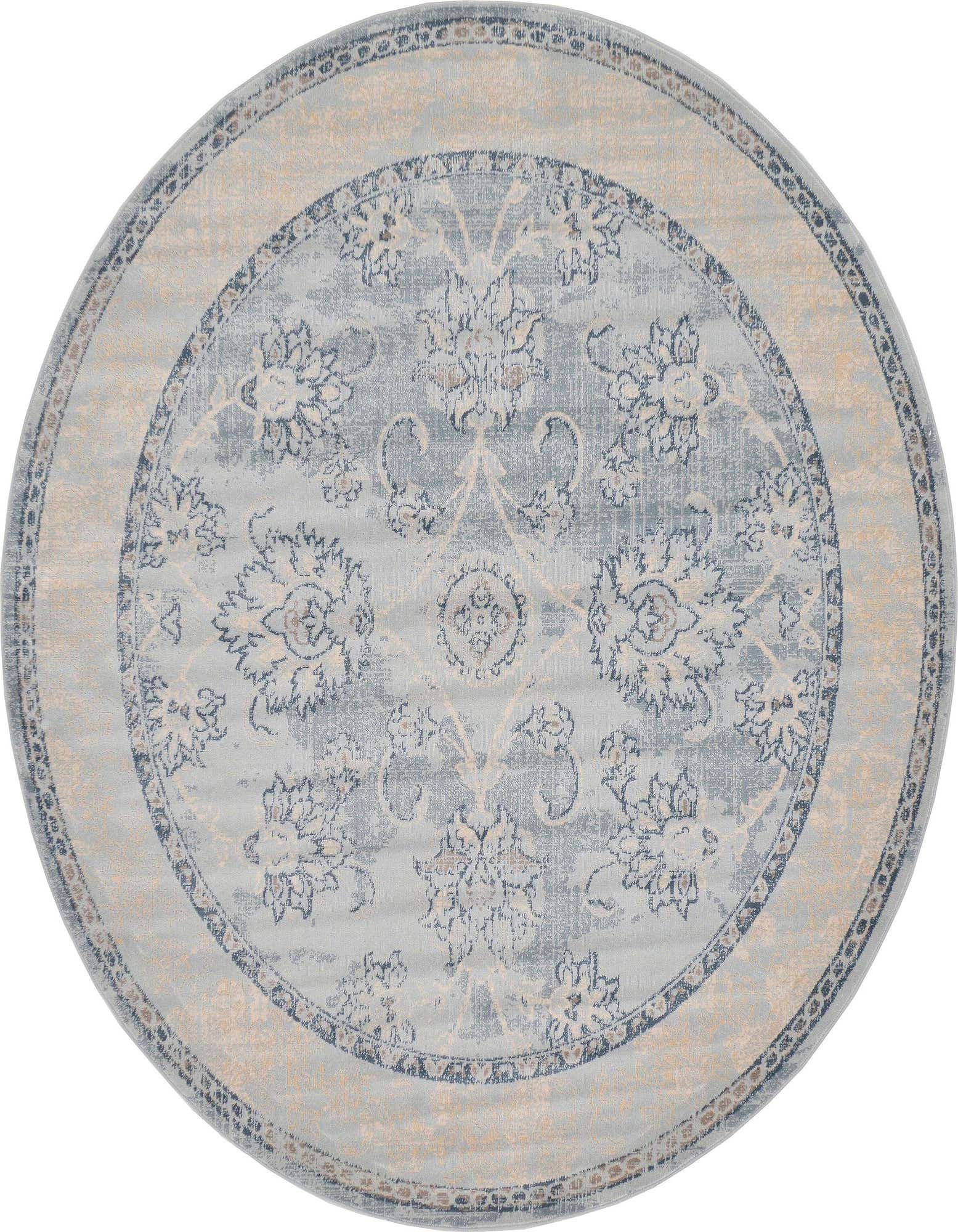 A 6' round light blue rug with a traditional botanical medallion pattern and a cream border.