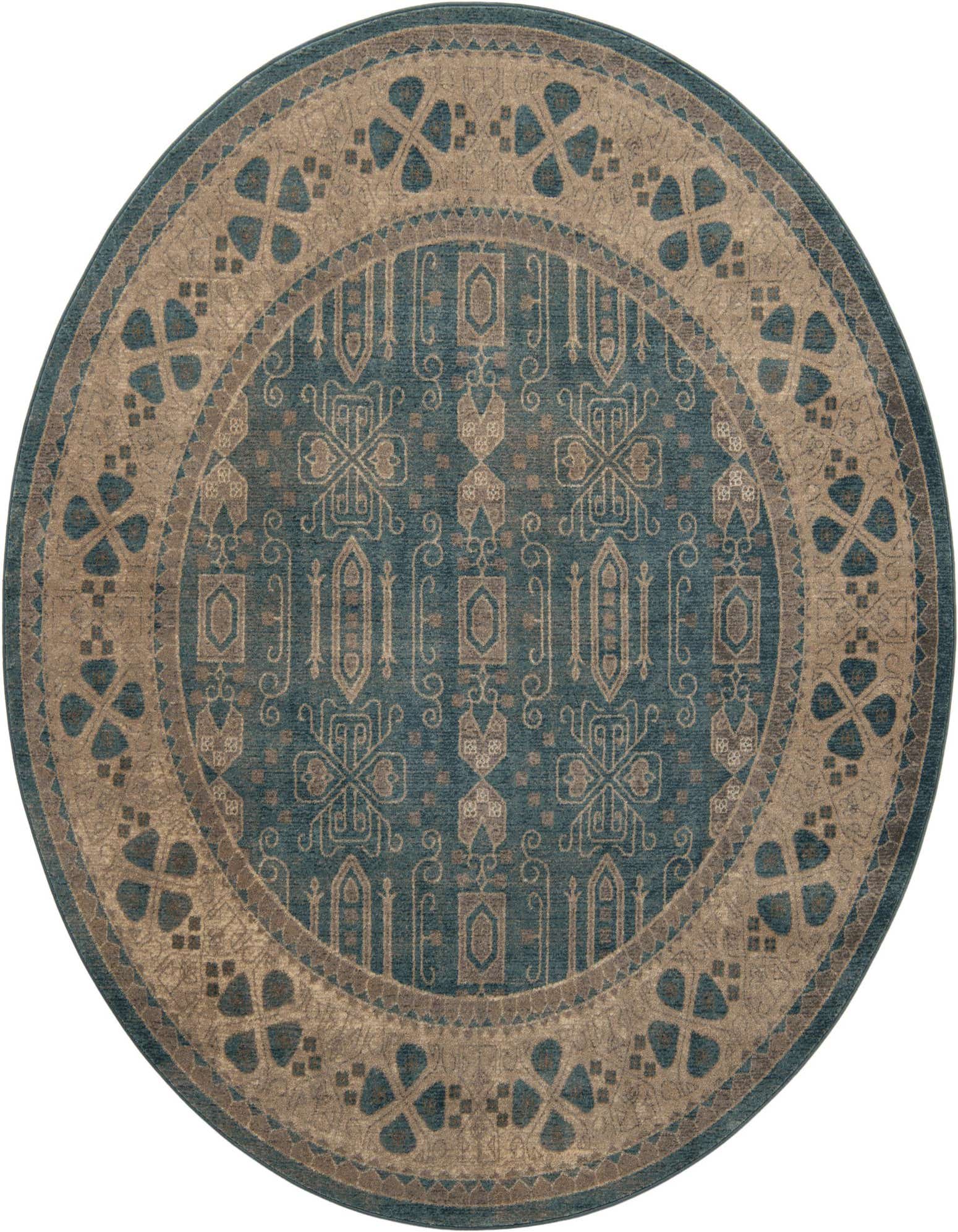 A 7' 3 round light blue and beige traditional rug with a central medallion and ornate border.