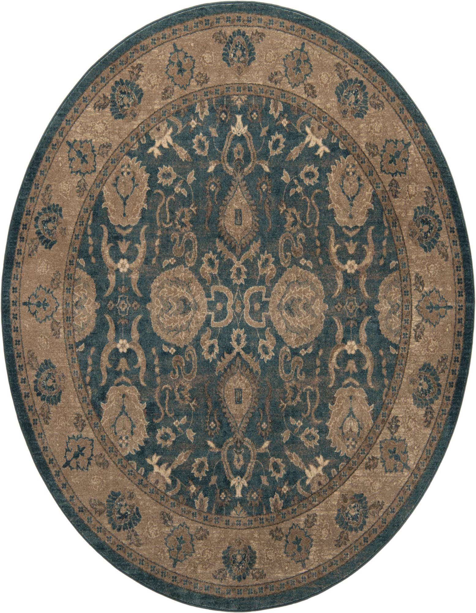 A 7' 3 x 7' 3 round Rugs.com Viola rug featuring a traditional botanical pattern in shades of blue and tan.