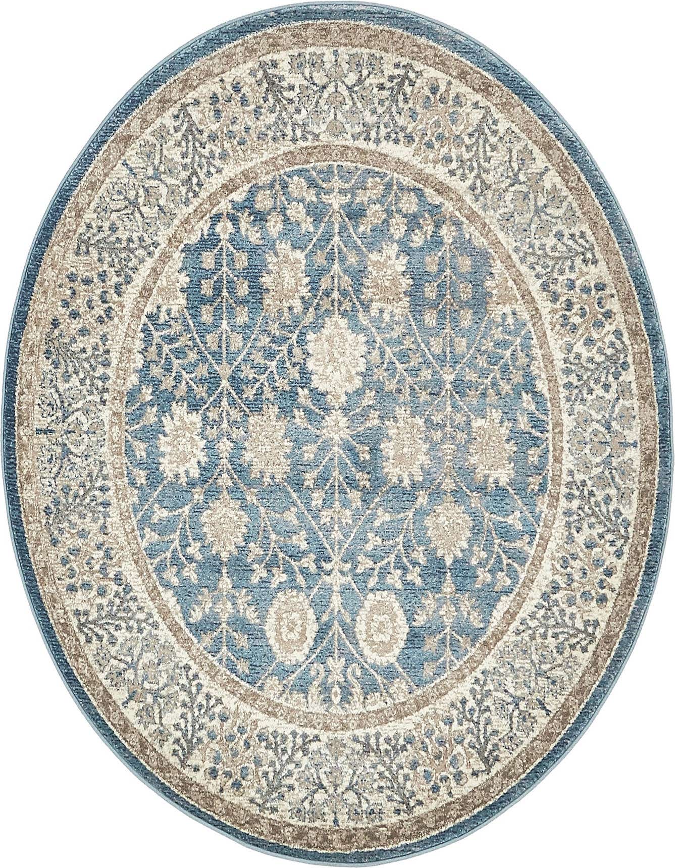 A 5' round light blue rug with a traditional medallion pattern and botanical accents in cream, beige, and gray.
