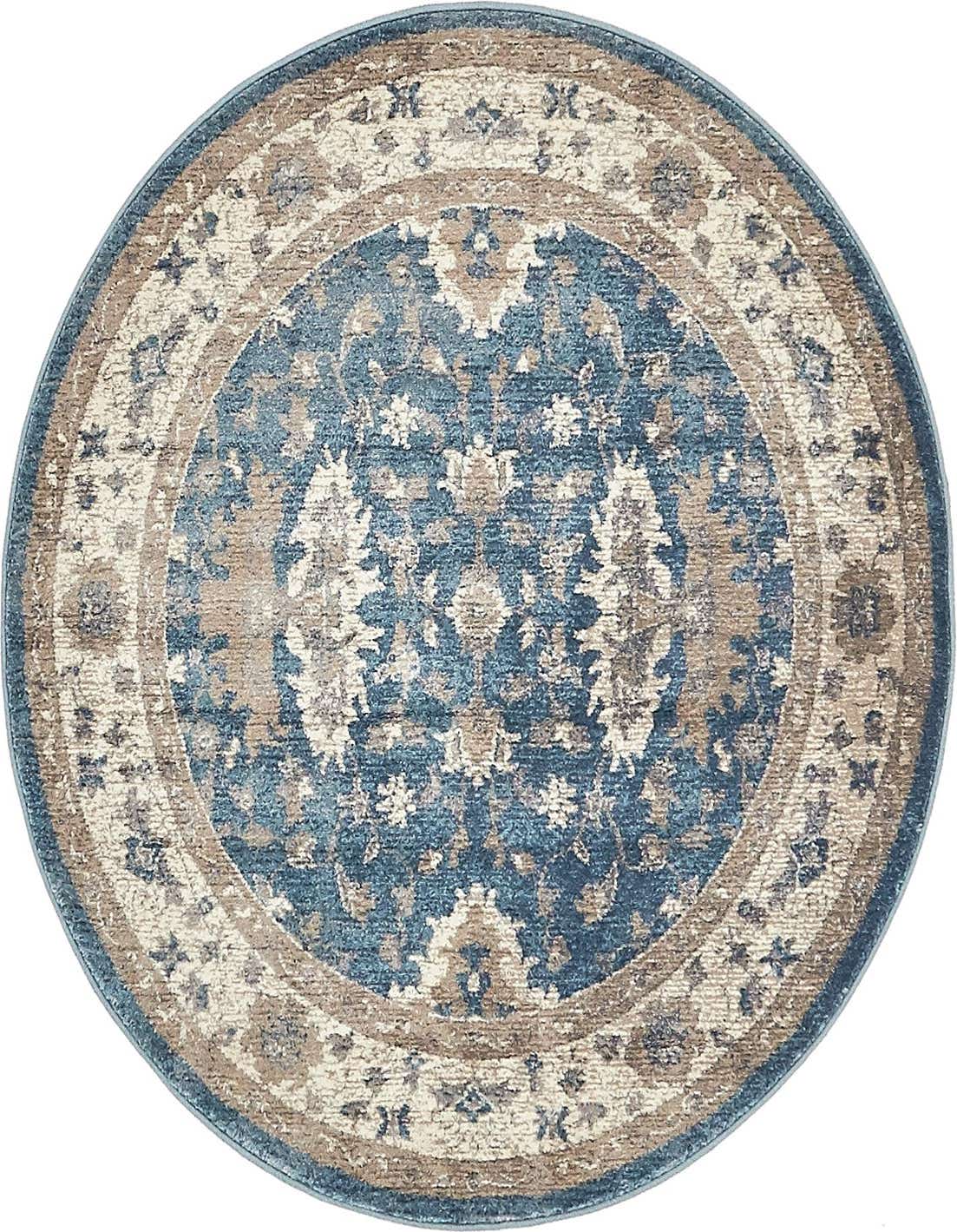 A 4' 0 x 4' 0 round Viola rug featuring a traditional floral pattern in shades of blue, beige, and brown.