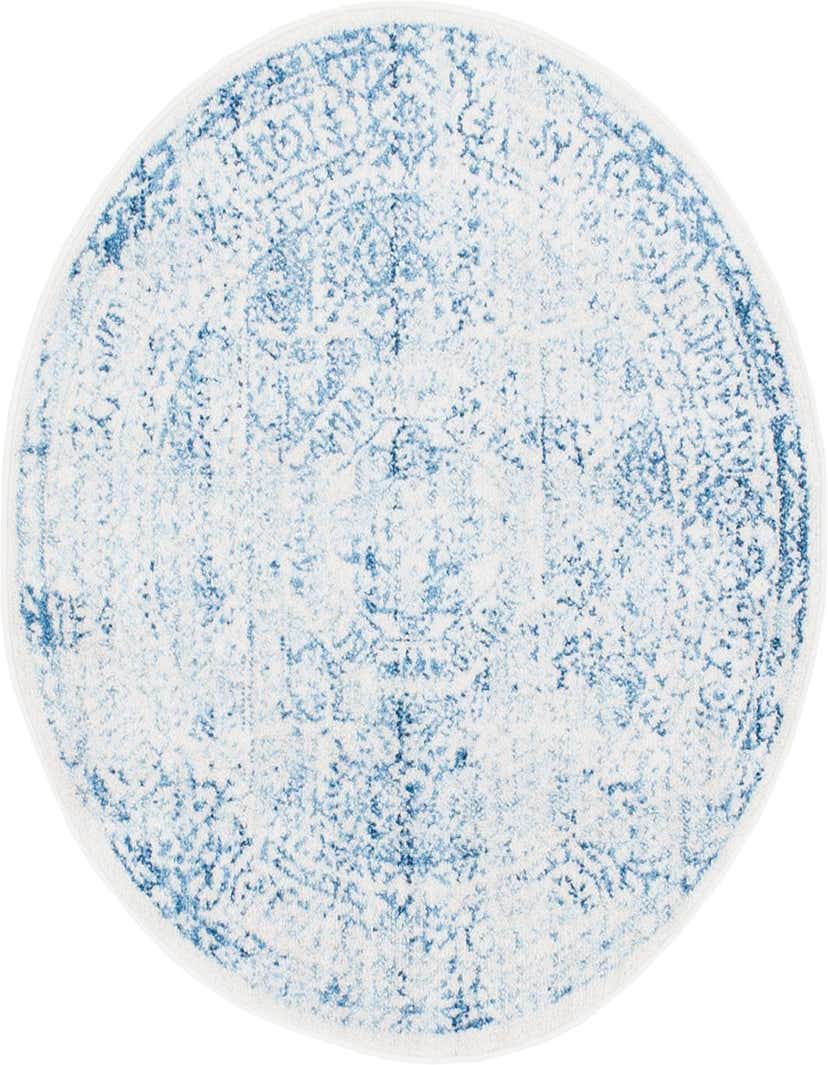A 3' 3 round light blue and white Bohemian medallion rug with a distressed look, suitable for indoor spaces.