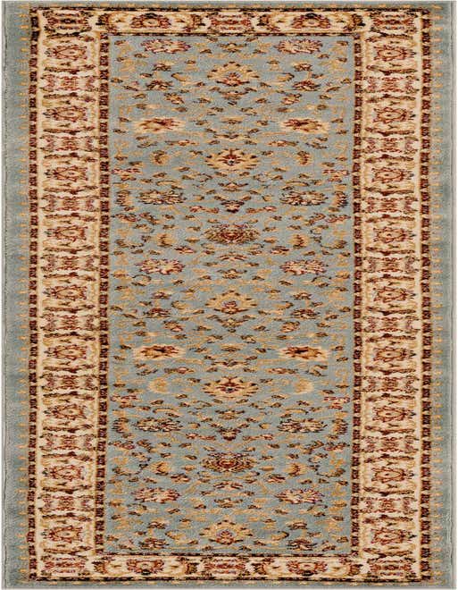 A 10 ft light blue runner rug with a traditional oriental floral pattern and a cream and red border, ideal for a hallway.