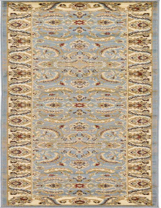 A 10 ft runner rug in light blue with a traditional floral and botanical pattern, featuring a cream border.