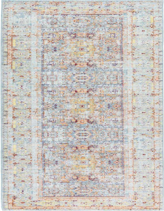 A 10 ft runner rug in light blue with a distressed traditional medallion pattern and hints of orange and yellow, perfect for a hallway.