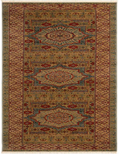 A 10 ft runner rug from the Amina collection, featuring a traditional medallion and botanical pattern in blues, reds, and gold.