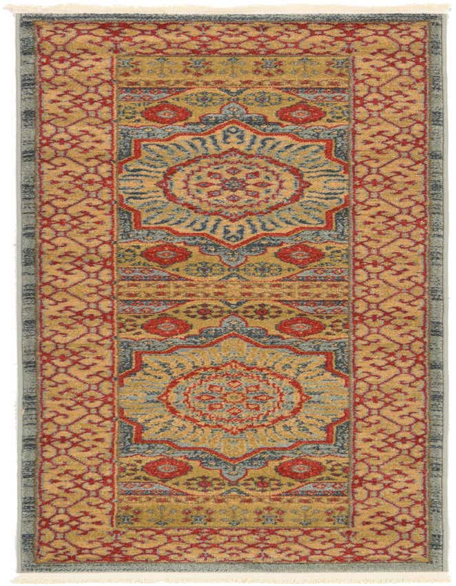 A 6 ft runner rug with a traditional medallion and botanical pattern in shades of blue, gold, and red, perfect for a hallway or kitchen.