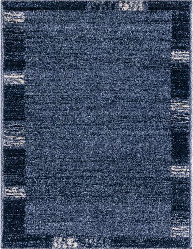 A 6 ft runner rug in varying shades of blue with a modern abstract pattern, ideal for a hallway or kitchen.