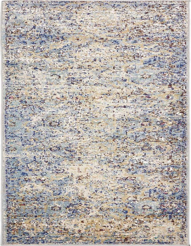 A 7 ft runner rug from the Charlotte Collection, featuring a distressed Bohemian pattern in shades of blue, cream, and brown.