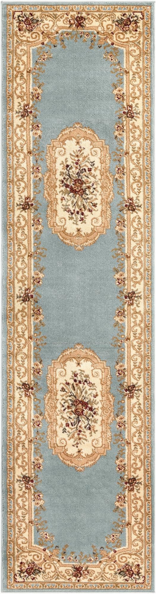 A 10 ft light blue runner rug with a traditional cream border featuring botanical and medallion patterns, ideal for a hallway.