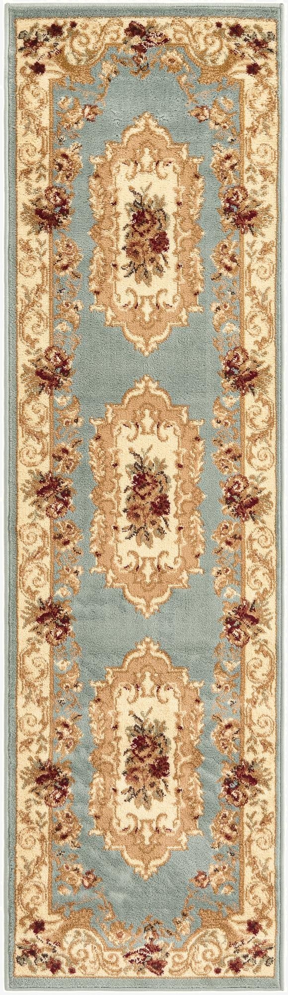 A 7 ft runner rug in light blue with a traditional medallion pattern and floral accents in cream, gold, and burgundy.