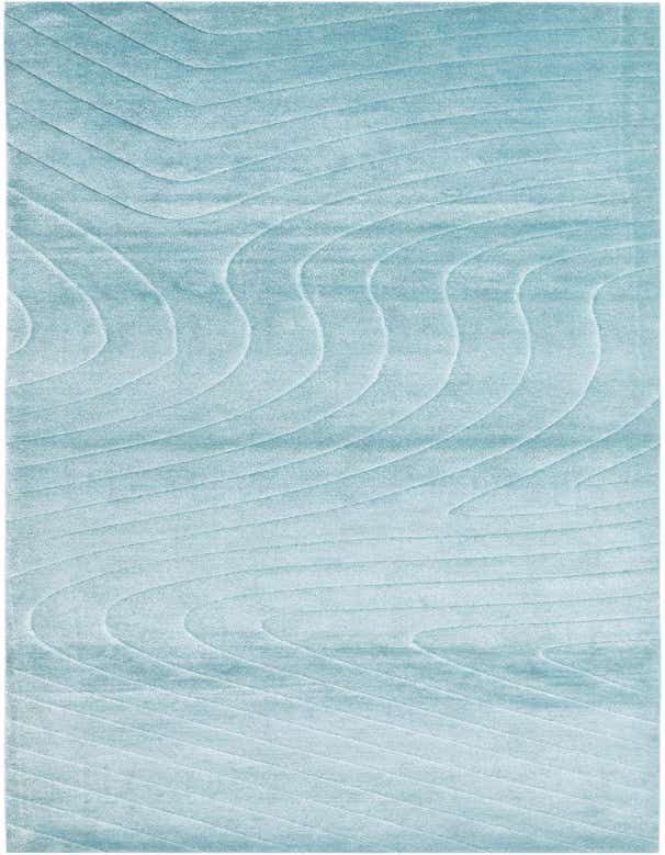 A light blue 10 ft runner rug with a modern wavy pattern, ideal for a hallway.