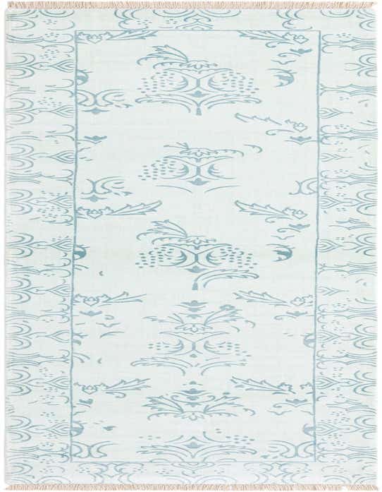 A 10 ft Darya runner rug in light blue and white, featuring a modern Persian floral pattern with a decorative border and fringed ends.