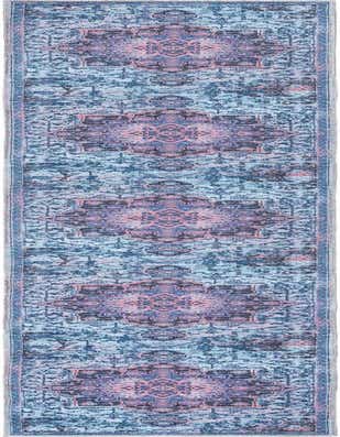 A 13 ft runner rug from the Francesca Collection, featuring a distressed traditional medallion pattern in shades of blue and pink, ideal for a hallway.