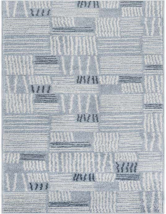 A 10 ft runner rug in light blue with a modern abstract pattern of white and dark blue textured stripes.