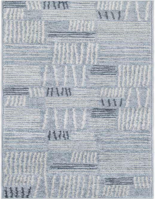 A light blue 8 ft runner rug with a modern abstract pattern of white and dark blue horizontal and vertical dashes, ideal for a hallway.