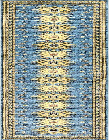 A 16 ft runner rug from the Rugs.com Heris collection, featuring a light blue background with traditional Southwestern and tribal medallion patterns in yellow, black, and red, perfect for a hallway.