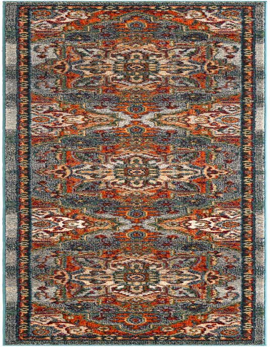 A 10 ft runner rug with a vibrant, intricate traditional pattern in shades of blue, orange, and grey, ideal for a hallway.