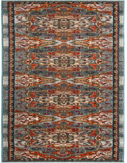 A 13 ft runner rug with a distressed blue background and intricate orange, red, and cream traditional patterns, ideal for a hallway.
