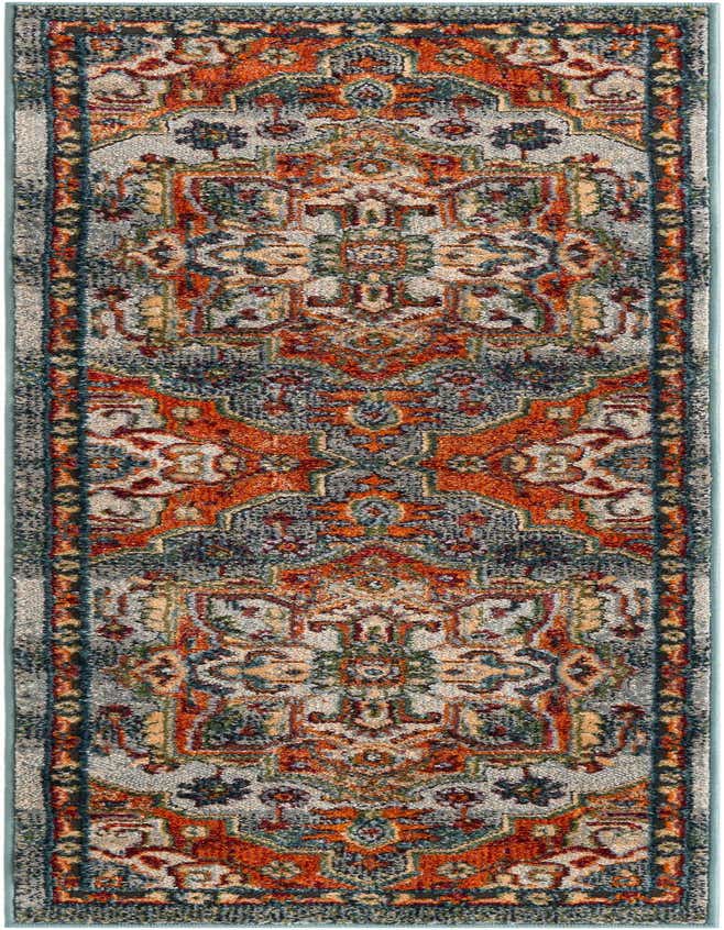 A 6 ft runner rug with a distressed traditional pattern in shades of blue, orange, and cream.