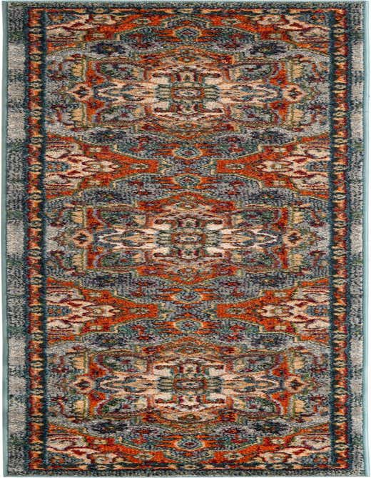 An 8 ft runner rug with a distressed blue, orange, and cream traditional pattern, ideal for a hallway.