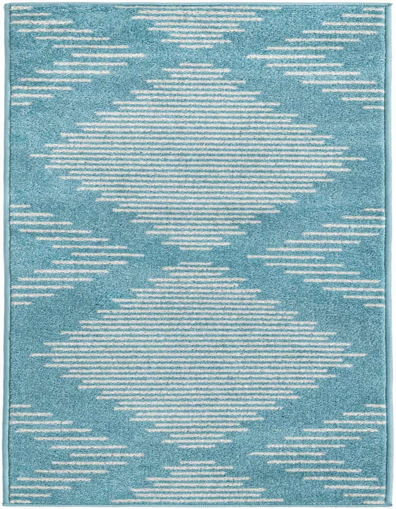 A 5 ft runner rug in light blue with a modern white striped diamond pattern, ideal for hallways.